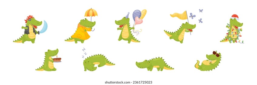Green Crocodile or Gator Character as African Animal Vector Set