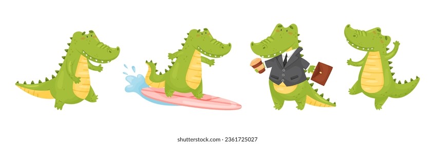 Green Crocodile or Gator Character as African Animal Vector Set