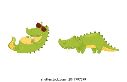 Green Crocodile or Gator Character Drinking Cocktail Wearing Sunglasses Sunbathing on Beach Vector Set