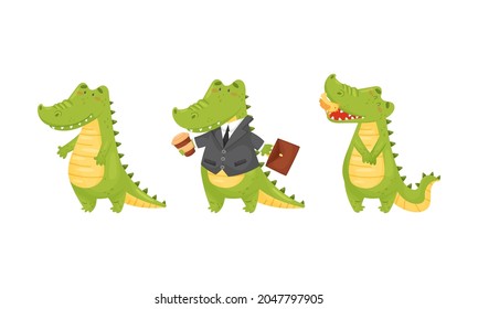 Green Crocodile or Gator Character with Open Mouth and Walking with Briefcase Vector Set