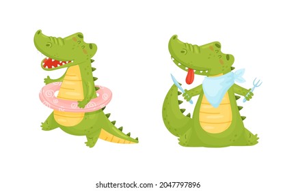 Green Crocodile or Gator Character with Rubber Ring and Holding Knife and Fork Ready to Eat Vector Set