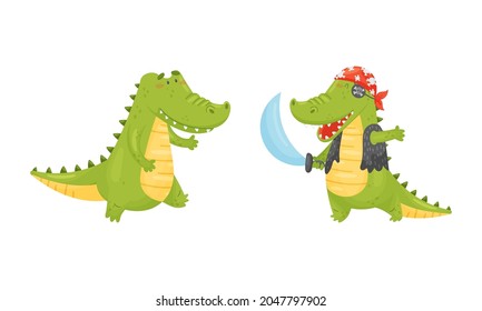 Green Crocodile or Gator Character Running and Playing Pirate Vector Set