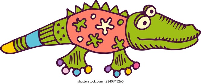 Green crocodile in hand drawn style. Funny soft toy