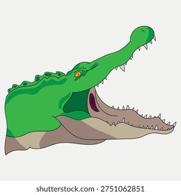 Green crocodile head illustration with open mouth and sharp teeth. Fierce alligator mascot for sports logos, wildlife education, and animal themed graphic design projects