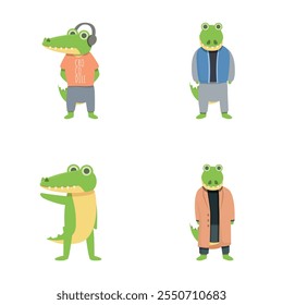 Green crocodile icons set cartoon vector. Funny crocodile animal. Cartoon character