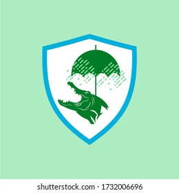 green crocodile insurance , shield and umbrella, vector illustrations