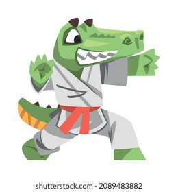 Green Crocodile in Kimono Doing Karate or Combat Sport Vector Illustration