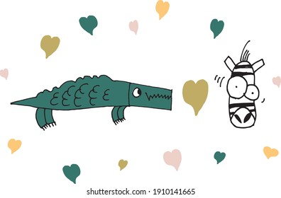 A green crocodile in love with a zebra in a cloud of pink green and yellow hearts on a white background.