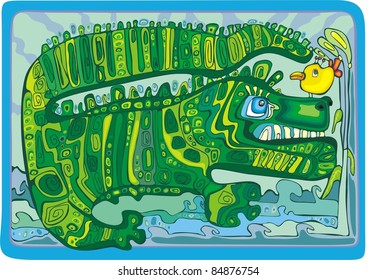 a green crocodile on the river predatory looks at yellow bird on his nose
