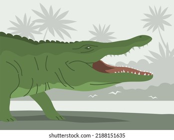 Green crocodile with open mouth. Aquatic carnivorous reptile. Toothy alligator and caiman. Predator hunter of Africa. Big animal on the river bank. Wild landscape. Flat vector color illustration