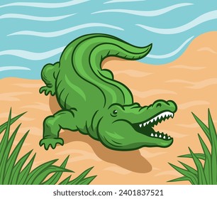 Green crocodile with open mouth. Aquatic carnivorous reptile. Toothy alligator and caiman. Predator hunter of Africa. Big animal on the river bank. Wild landscape. Cartoon vector color illustration