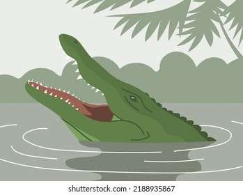 Green crocodile with open mouth. Head in the water. Aquatic carnivorous reptile. Toothy alligator and caiman. Predator hunter of Africa. Big animal on the river. Flat vector color illustration