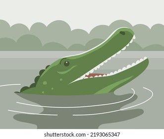 Green crocodile with open mouth. Head in the water. Aquatic carnivorous reptile. Toothy alligator and caiman. Predator hunter of Africa. Big animal on the river. Flat vector color illustration