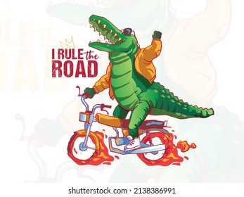 green crocodile raiding motor bike  isolated on white, colored cartoon vector illustration isolated on white background