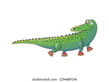 Green crocodile riding roller-skates. Humanized animal. Funny alligator. Cartoon vector design