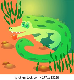 a green crocodile with its tongue hanging out on the shore near the water
