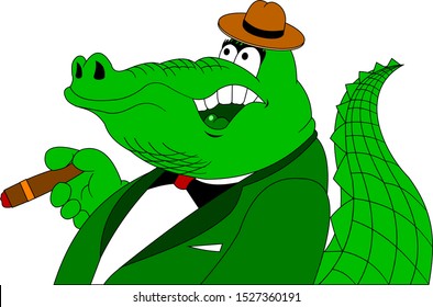 green crocodile in a tuxedo and a hat with a cigar in his paw