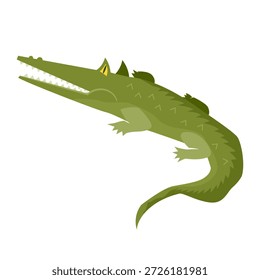 Ilustración vectorial de cocodrilo verde en un estilo plano. Mascota animal minimalista aislado en un fondo blanco, perfecto para los libros de los niños, los materiales educativos, los logotipos del zoológico, y el diseño móvil del carácter del juego