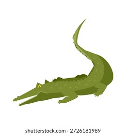 Ilustración vectorial de cocodrilo verde en un estilo plano. Mascota animal minimalista aislado en un fondo blanco, perfecto para los libros de los niños, los materiales educativos, los logotipos del zoológico, y el diseño móvil del carácter del juego