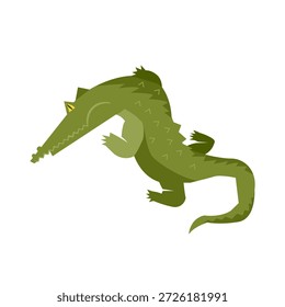 Ilustración vectorial de cocodrilo verde en un estilo plano. Mascota animal minimalista aislado en un fondo blanco, perfecto para los libros de los niños, los materiales educativos, los logotipos del zoológico, y el diseño móvil del carácter del juego
