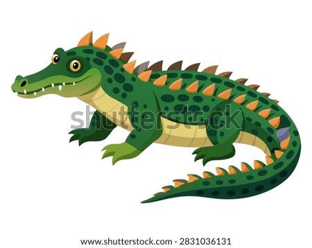 Green crocodile walking with spines on white background.