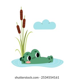 Green crocodile in the water. Cartoon alligator looks out of the water. Reeds. Kid vector illustration on white background. 