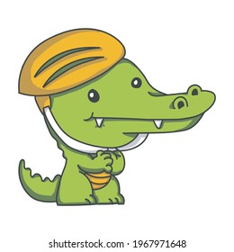 A green crocodile wearing a bicycle helmet