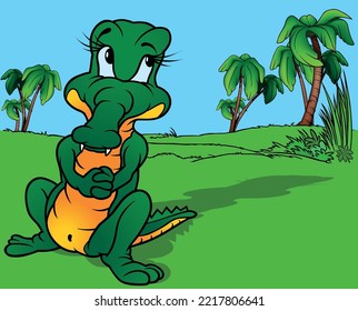 Green Crocodile with Yellow Belly and Blue Eyes from Front View - Colored Cartoon Illustration with Tropical Background, Vector