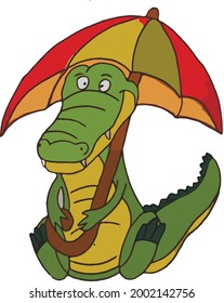 green crocodile with yellow belly sits under a multi-colored umbrella