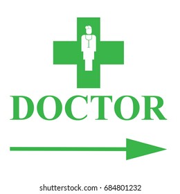 Green cross and arrow indicating a doctor’s cabinet