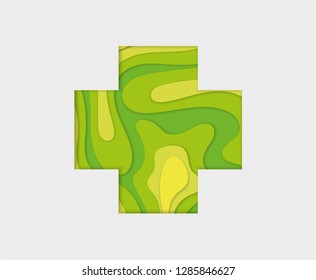 Green cross background. Vector abstract cross. Paper art cut. Origami concept. For web and print, wallpaper, cards, flyers, posters brochure banners