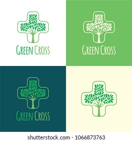 Green Cross Logo and Icon. Vector Illustration. Playful logo featuring a tree which is also forming a cross.