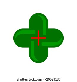 Green cross logo with red cross inside. Elements for pharmacy and medicine. Medical cross eco icon and health care logo. Vector illustration. Isolated on white background.