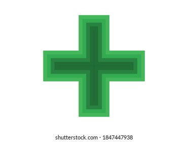 Green cross of a pharmacy on white background.