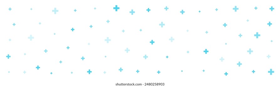 Green cross or plus symbols of different sizes and opacity on white background. Vector illustration on cyan background with stars. Abstract pattern of blue medical cross or mathematical plus pictogram