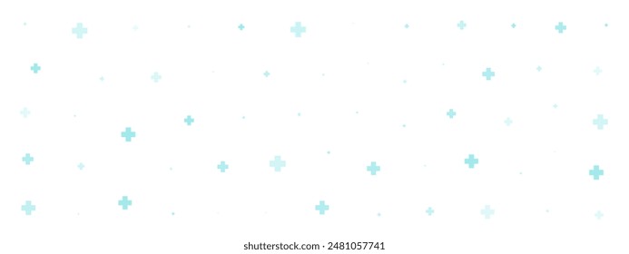 Green cross or plus symbols of different sizes and opacity on white background. Vector illustration on cyan background with stars. Abstract pattern of blue medical cross or mathematical plus pictogram