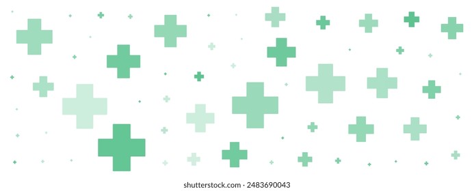 Green cross or plus symbols of different sizes and opacity on white background. Vector illustration on cyan background with stars. Abstract pattern of blue medical cross or mathematical plus pictogram