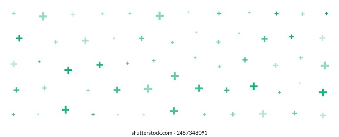 Cruz verde o símbolos plus de diferentes tamaños y opacidad sobre fondo blanco. Ilustración vectorial sobre fondo cian con estrellas. Abstractas patrón de cruz médica azul o matemático más pictograma