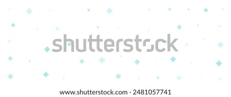 Green cross or plus symbols of different sizes and opacity on white background. Vector illustration on cyan background with stars. Abstract pattern of blue medical cross or mathematical plus pictogram