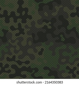 Green cross stitch camouflage seamless pattern for your design. Fashionable emerald color knit fabric texture. Vector crochet camo background