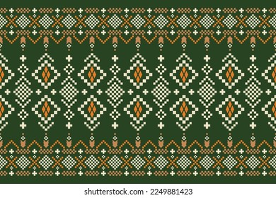 Green Cross stitch colorful geometric traditional ethnic pattern Ikat seamless pattern border abstract design for fabric print cloth dress carpet curtains and sarong Aztec African Indian Indonesian 