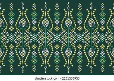 Green Cross stitch colorful geometric traditional ethnic pattern Ikat seamless pattern border abstract design for fabric print cloth dress carpet curtains and sarong Aztec African Indian Indonesian 