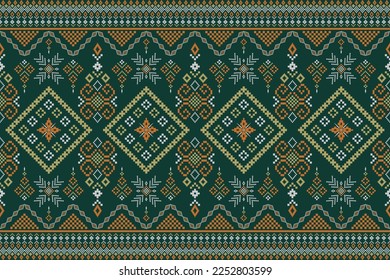 Green Cross stitch colorful geometric traditional ethnic pattern Ikat seamless pattern border abstract design for fabric print cloth dress carpet curtains and sarong Aztec African Indian Indonesian 