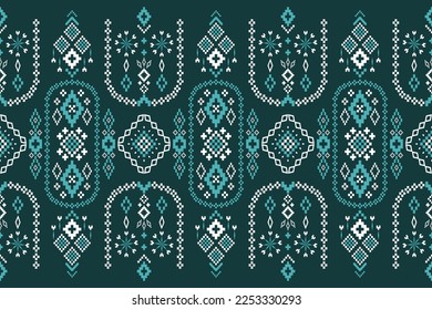 Green Cross stitch colorful geometric traditional ethnic pattern Ikat seamless pattern border abstract design for fabric print cloth dress carpet curtains and sarong Aztec African Indian Indonesian 