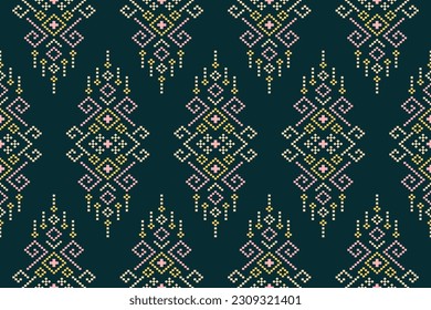 Green Cross stitch colorful geometric traditional ethnic pattern Ikat seamless pattern border abstract design for fabric print cloth dress carpet curtains and sarong Aztec African Indian Indonesian 
