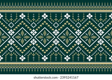 Green Cross stitch colorful geometric traditional ethnic pattern Ikat seamless pattern border abstract design for fabric print cloth dress carpet curtains and sarong Aztec African Indian Indonesian	