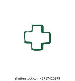 A green cross symbol with rough edges against a white backdrop