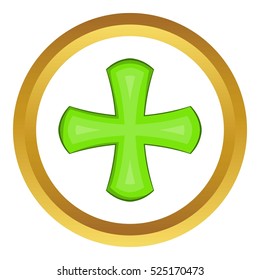 Green cross vector icon in golden circle, cartoon style isolated on white background