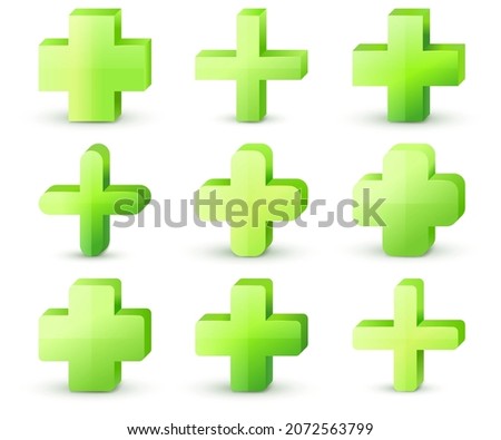 Green cross. Vector set. Cross symbol of safety guidance. Green plus sign