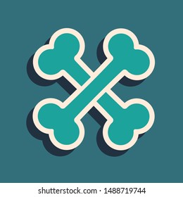 Green Crossed bones icon isolated on blue background. Pets food symbol. Long shadow style. Vector Illustration